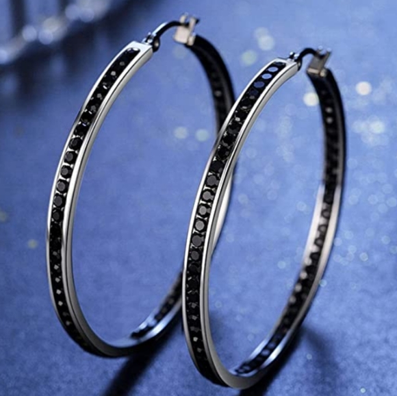 Big Black Rhinestone Silver Hoop Earrings Sparkle Hoops CZ Crystal Channel Loop - Picture 4 of 12